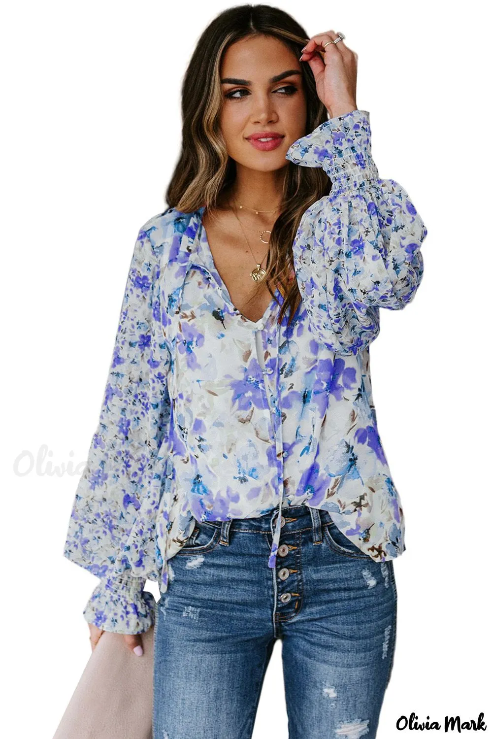 Deanwangkt - Blue Floral Smocked Blouse Cakewalk