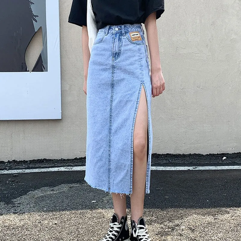 deanwangkt Hem Single Slits Zipper A-Line High Waist Side Slit Denim Casual Long Skirt Female Summer  New Thin Girl Bag Hip Ins Tide