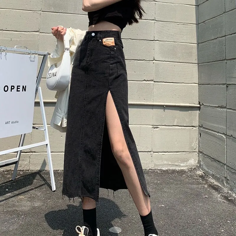 deanwangkt Hem Single Slits Zipper A-Line High Waist Side Slit Denim Casual Long Skirt Female Summer  New Thin Girl Bag Hip Ins Tide