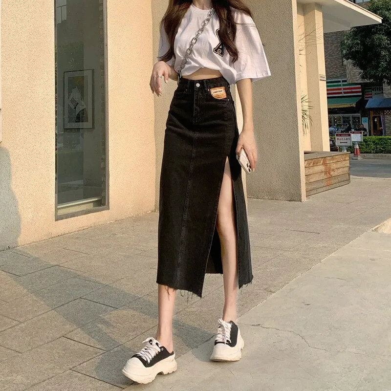 deanwangkt Hem Single Slits Zipper A-Line High Waist Side Slit Denim Casual Long Skirt Female Summer  New Thin Girl Bag Hip Ins Tide