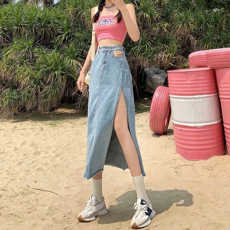 deanwangkt Hem Single Slits Zipper A-Line High Waist Side Slit Denim Casual Long Skirt Female Summer  New Thin Girl Bag Hip Ins Tide