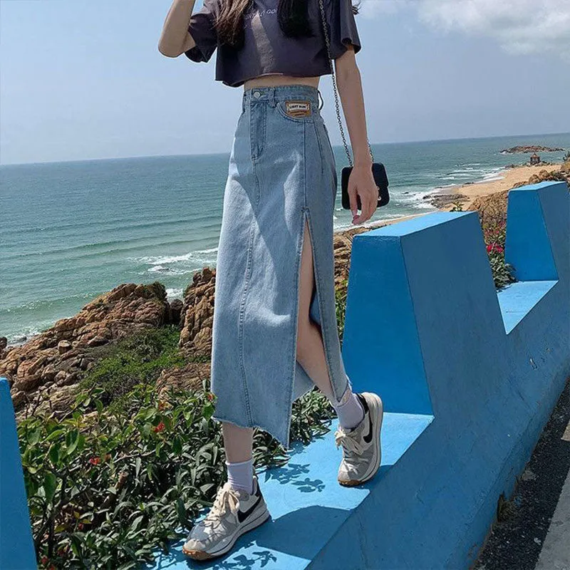 deanwangkt Hem Single Slits Zipper A-Line High Waist Side Slit Denim Casual Long Skirt Female Summer  New Thin Girl Bag Hip Ins Tide