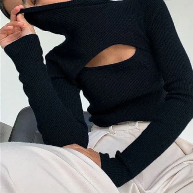 DressBetty - Women's Long Sleeve Slim Turtleneck Pullovers Autumn New Solid Hollow Out Fashion Sweater Ladies Sexy Ofiice Lady Clothes