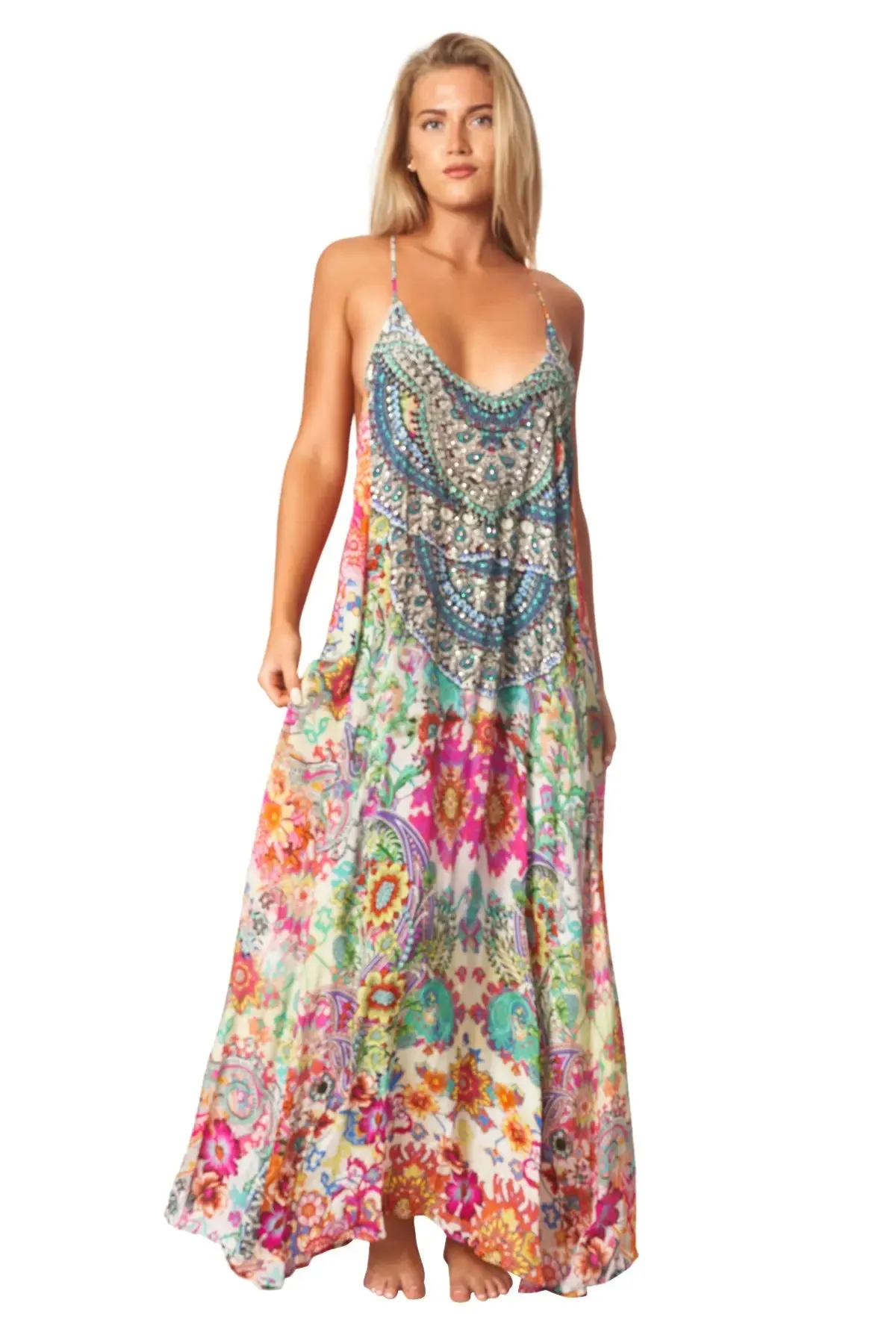 Eden Garden Bohemian T-back Maxi Dress with Front Pockets