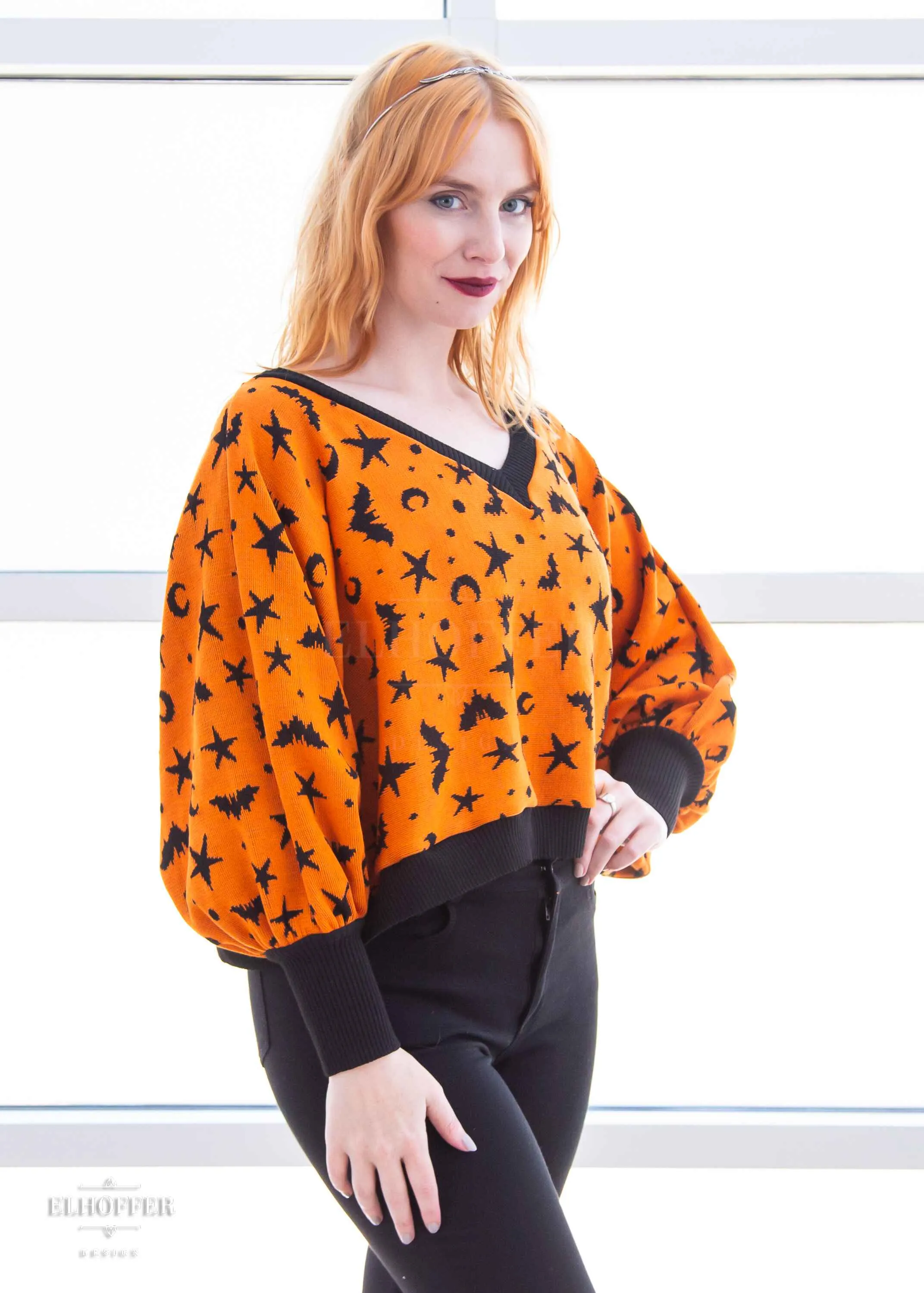 Essential Whitney Oversize Sweater - Orange w/ Black Batty Witch