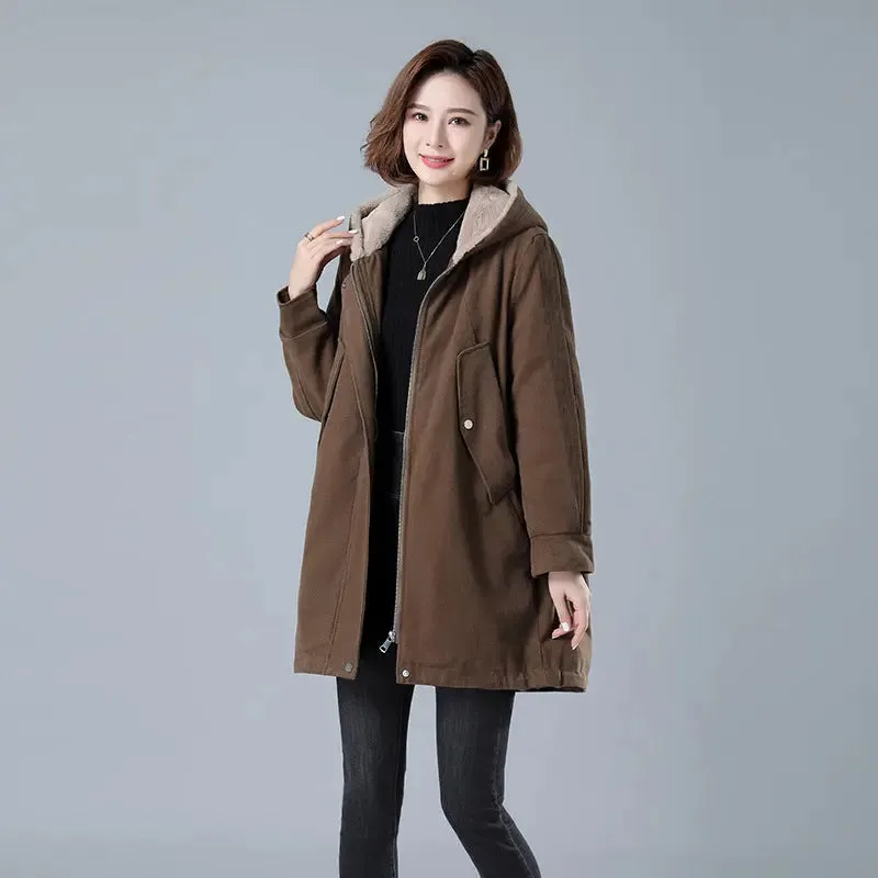 Fleece-lined Thick Hooded Parka Mid-length Long Sleeve Zipper