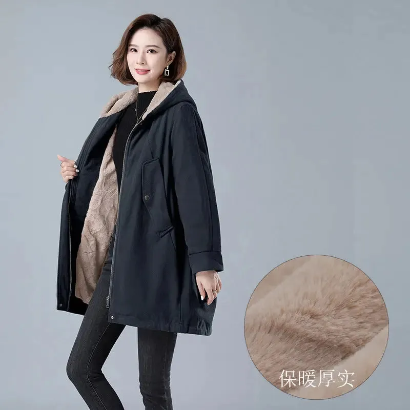 Fleece-lined Thick Hooded Parka Mid-length Long Sleeve Zipper