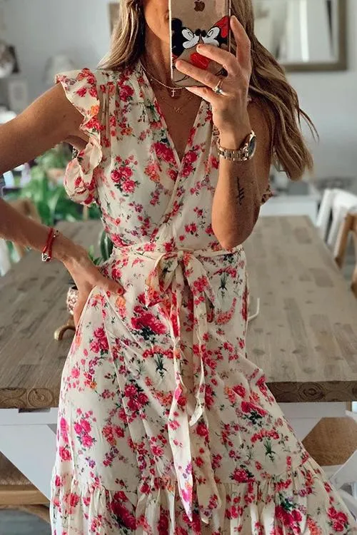 Floral Print Ruffles Maxi Wrap Dress