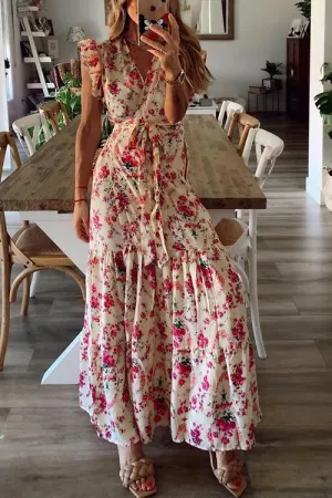 Floral Print Ruffles Maxi Wrap Dress