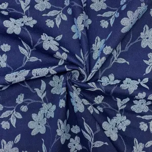 Flower Garden on Navy Stretch Denim Fabric