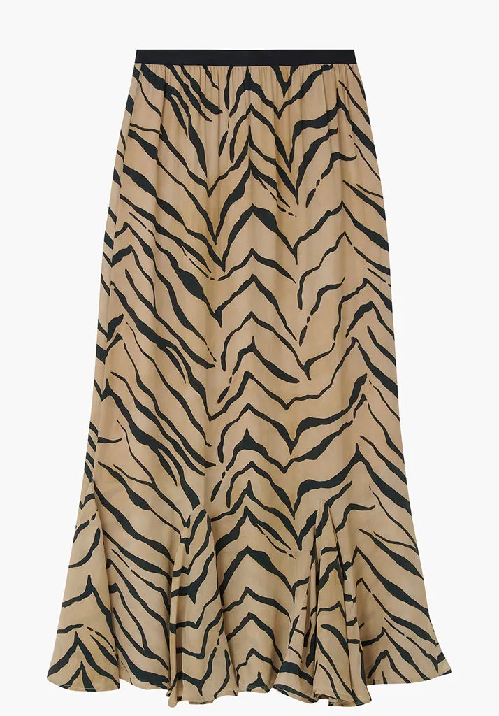 Ford Frill Detail Tiger Print Midi Skirt In Brown