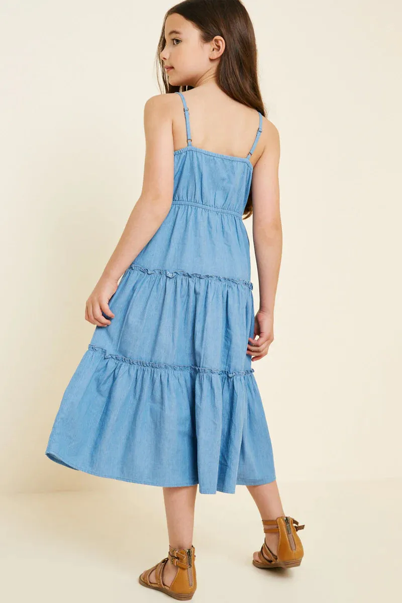 Girls Denim Tier Button-Down Midi Dress