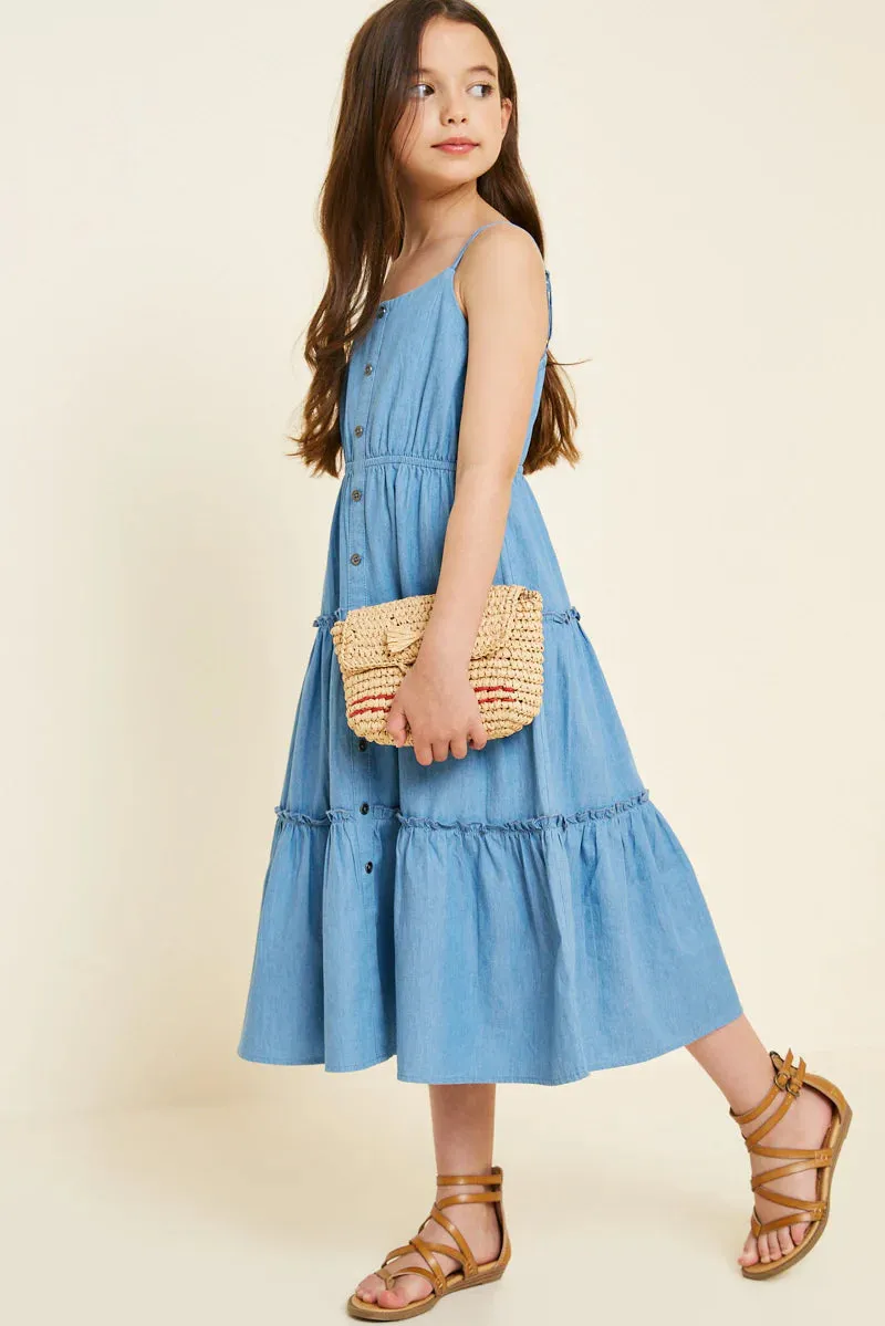 Girls Denim Tier Button-Down Midi Dress