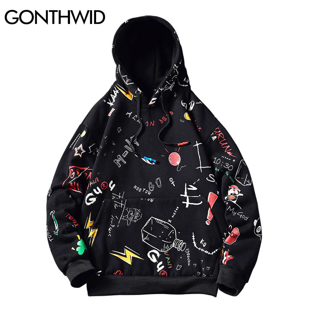 GONTHWID Japanese Anime Graffiti Print Hooded