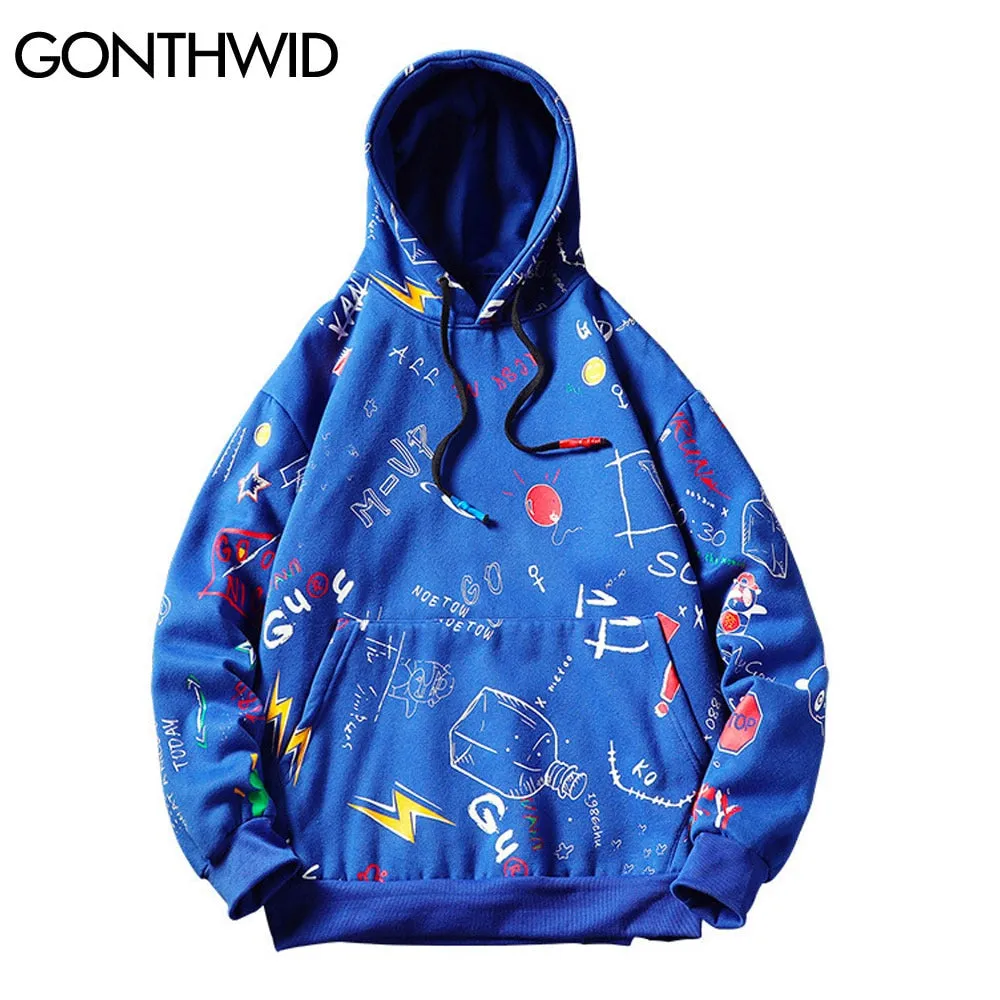 GONTHWID Japanese Anime Graffiti Print Hooded