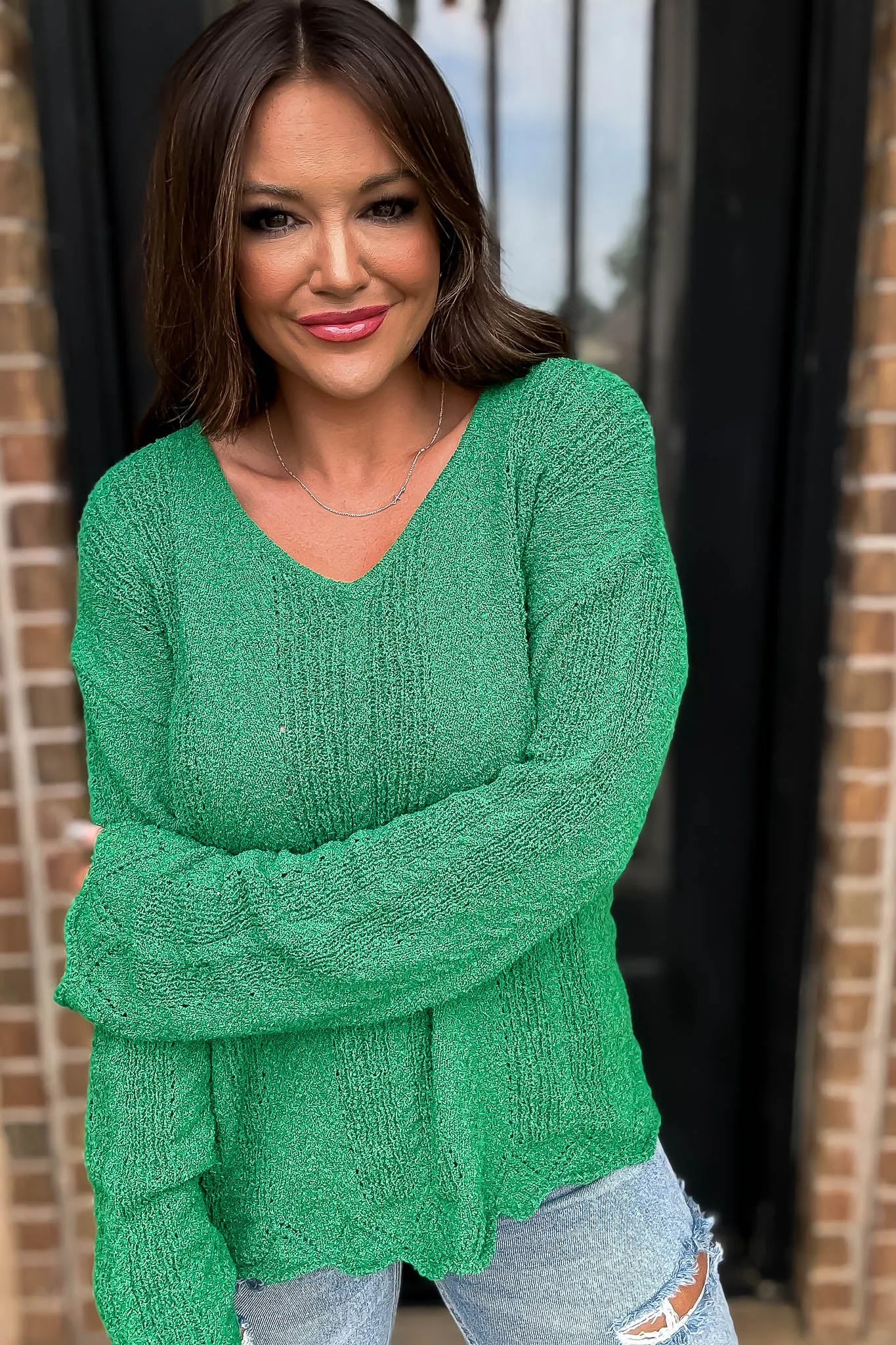 Hello Autumn Green Detailed Sweater