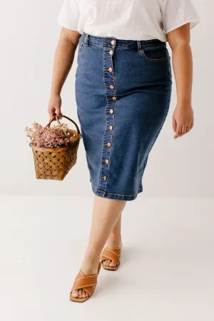 'Leanne' Button Down Denim Midi Skirt in Dark Wash FINAL SALE