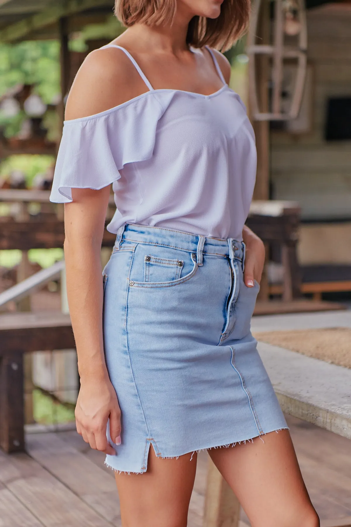 Light Blue Acid Wash Torn Hem Denim Skirt