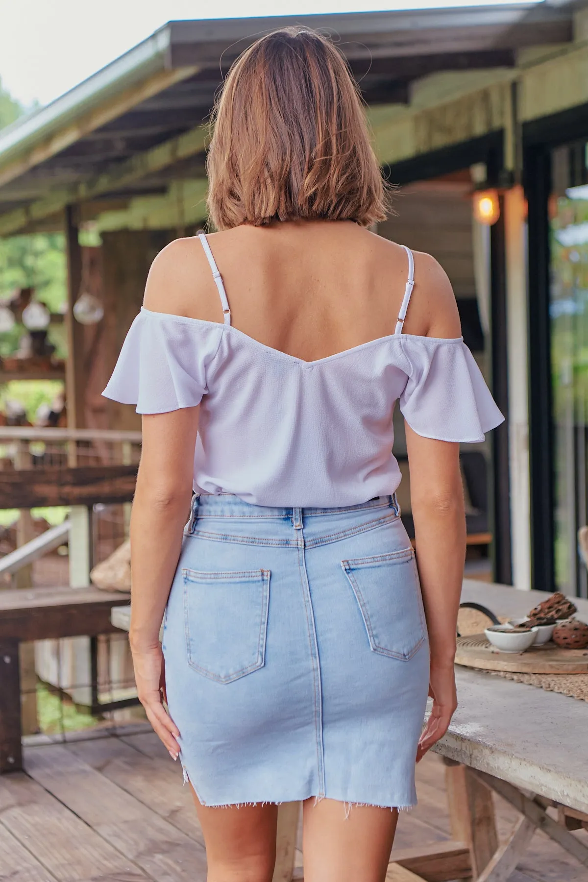 Light Blue Acid Wash Torn Hem Denim Skirt