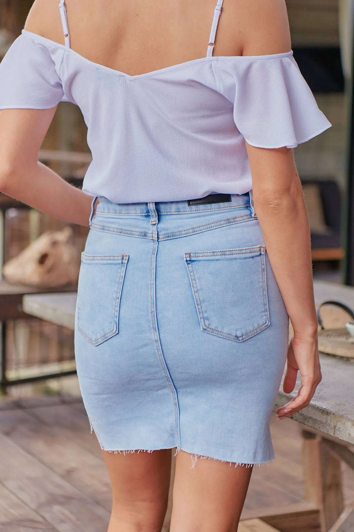 Light Blue Acid Wash Torn Hem Denim Skirt