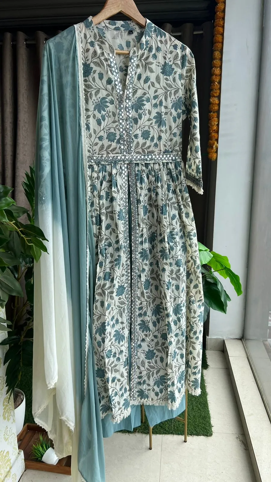 Light blue cotton floral printed 3 piece kurti suit