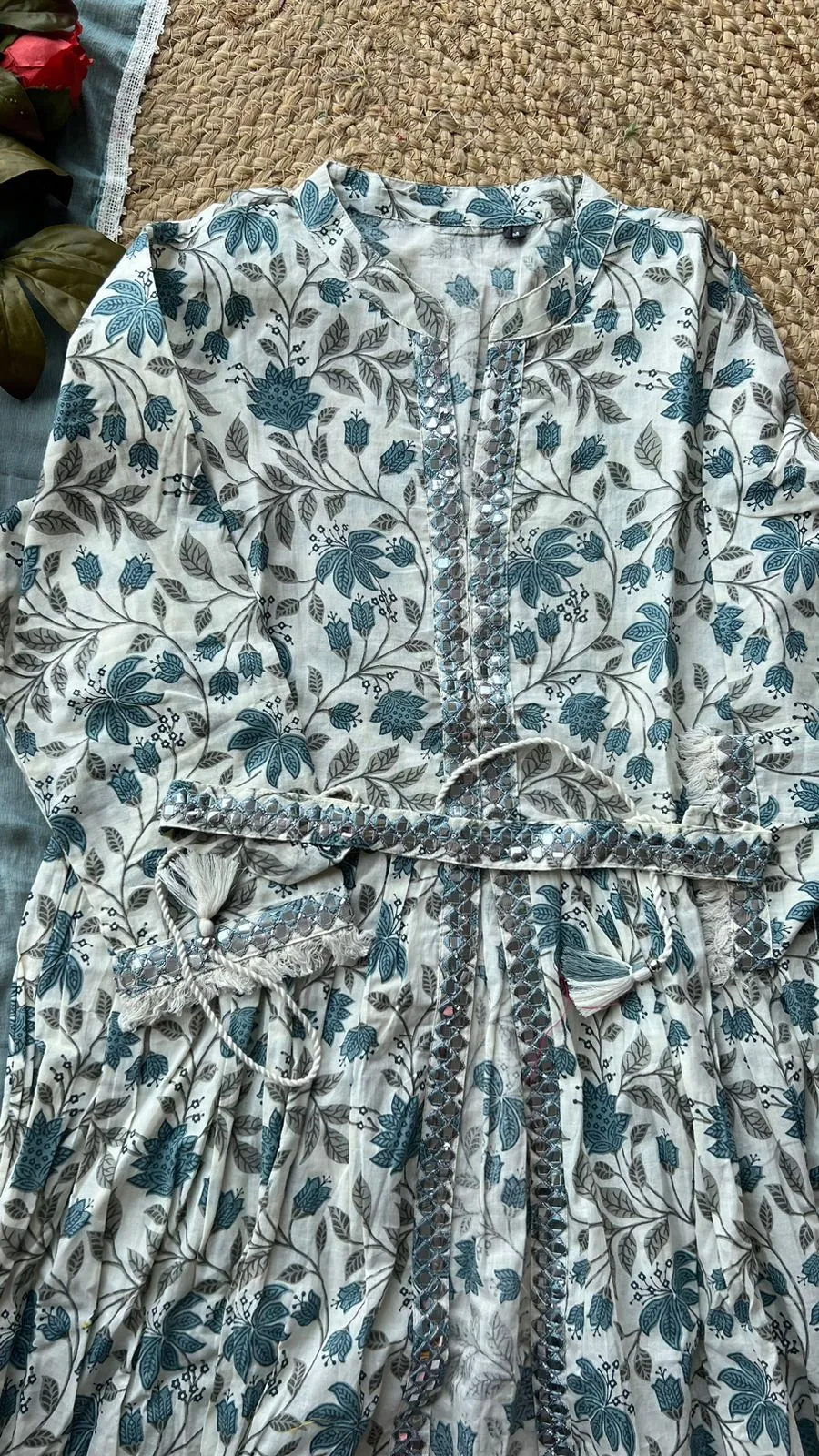 Light blue cotton floral printed 3 piece kurti suit