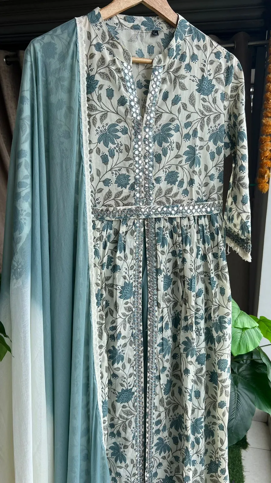 Light blue cotton floral printed 3 piece kurti suit