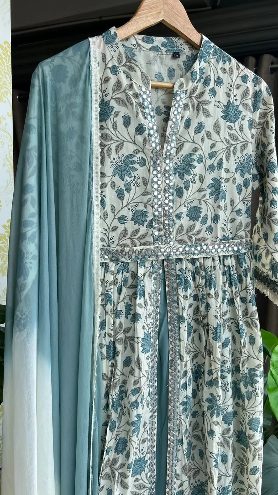 Light blue cotton floral printed 3 piece kurti suit