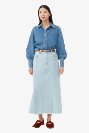 Light Blue Stone Bleach Denim Peplum Midi Skirt