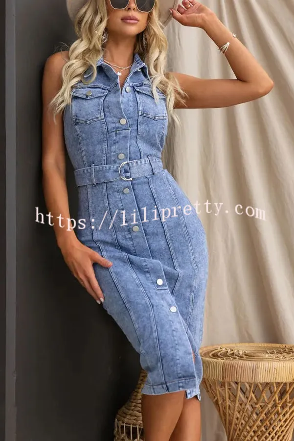 Lioness Nyc Denim Button Up Belted Back Zipper Halter Midi Dress