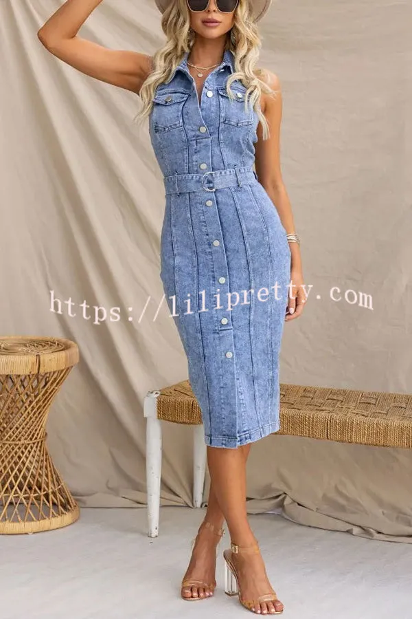 Lioness Nyc Denim Button Up Belted Back Zipper Halter Midi Dress