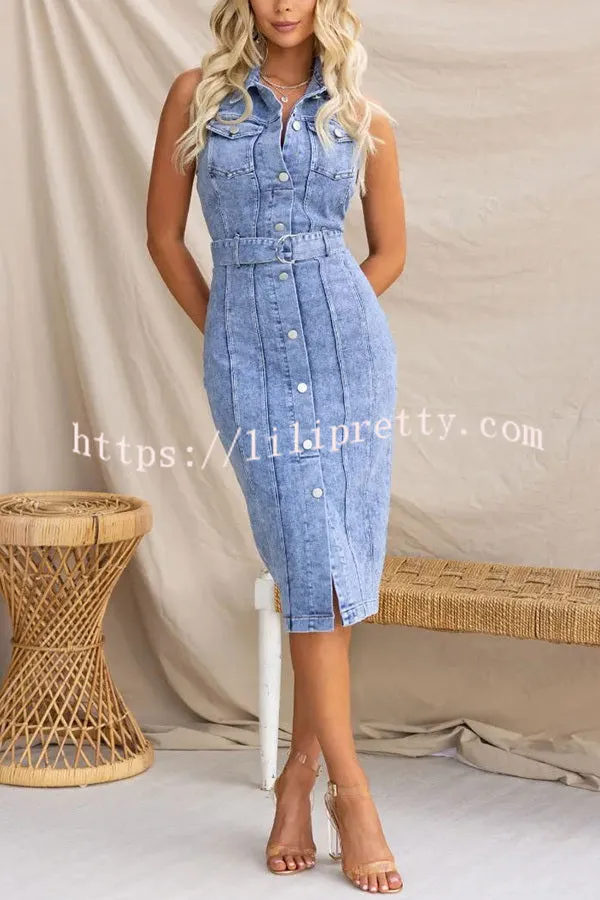 Lioness Nyc Denim Button Up Belted Back Zipper Halter Midi Dress