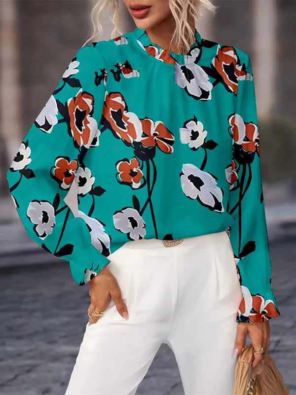 Long Sleeves Loose Floral Printed Hollow Stand Collar Blouses