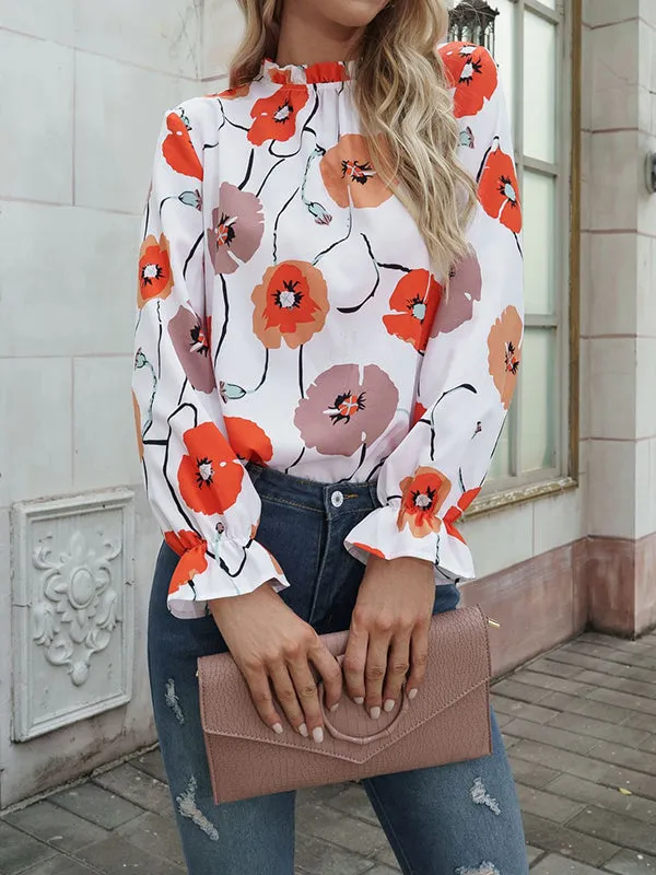 Long Sleeves Loose Floral Printed Hollow Stand Collar Blouses