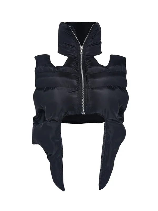 Loose Sleeveless Hollow Solid Color Zipper Stand Collar Padded Vest