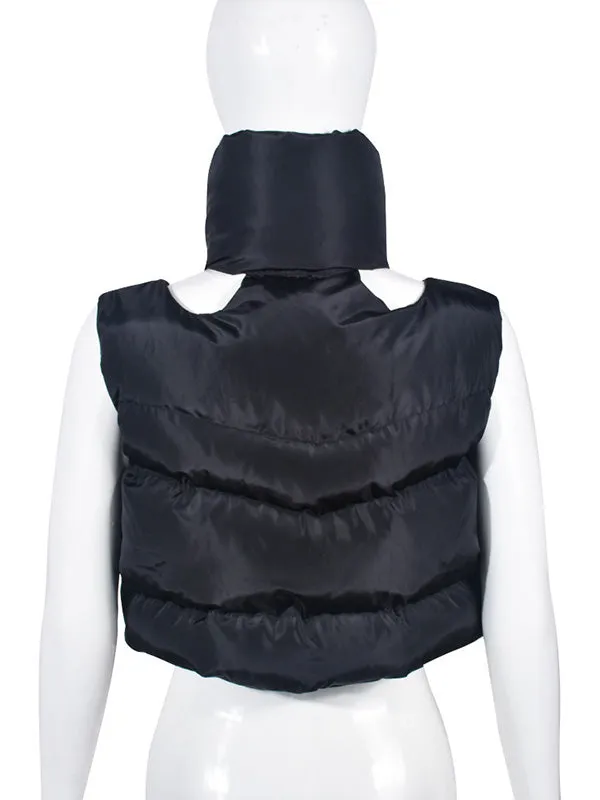 Loose Sleeveless Hollow Solid Color Zipper Stand Collar Padded Vest