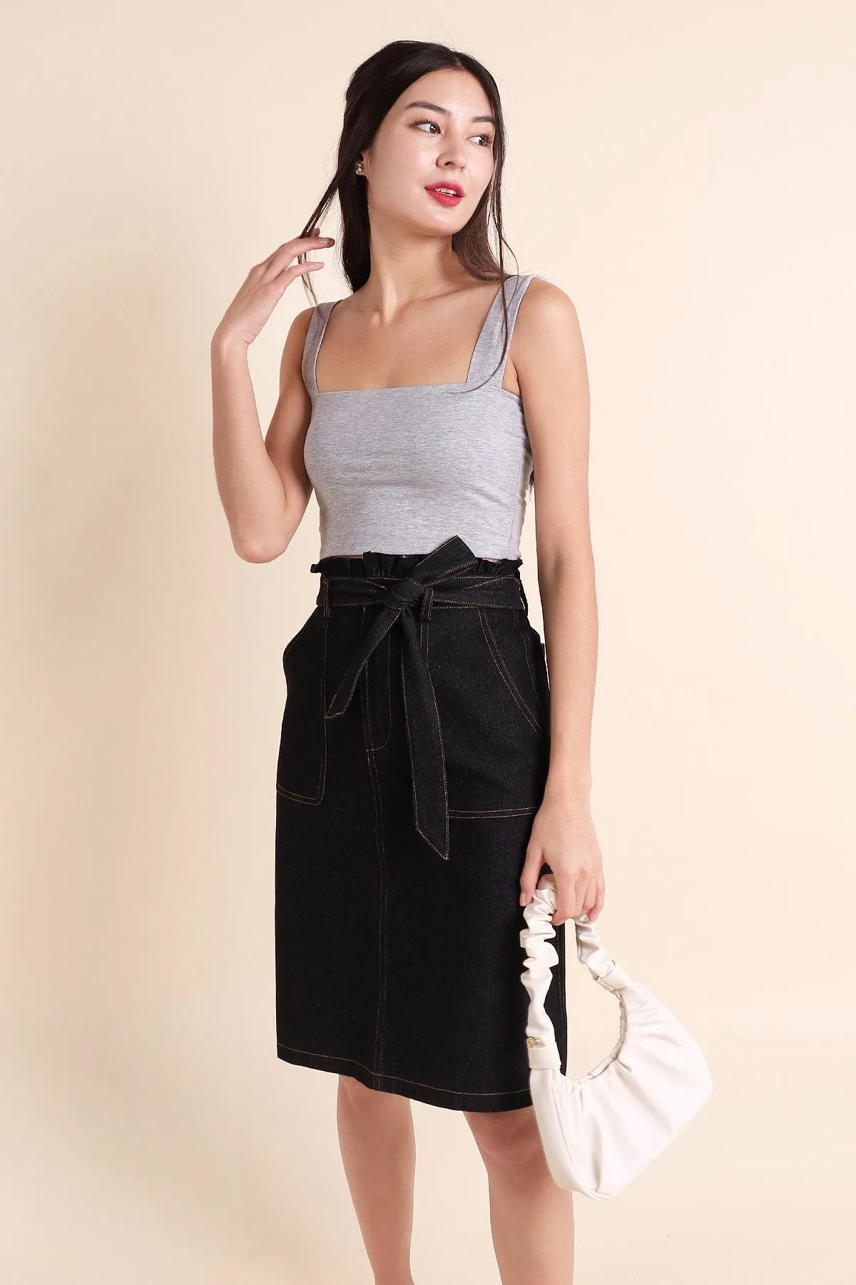 MADEBYNM ALESSIA PAPERBAG DENIM SKIRT IN BLACK [XXS/XS/S/S/M/L/XL]