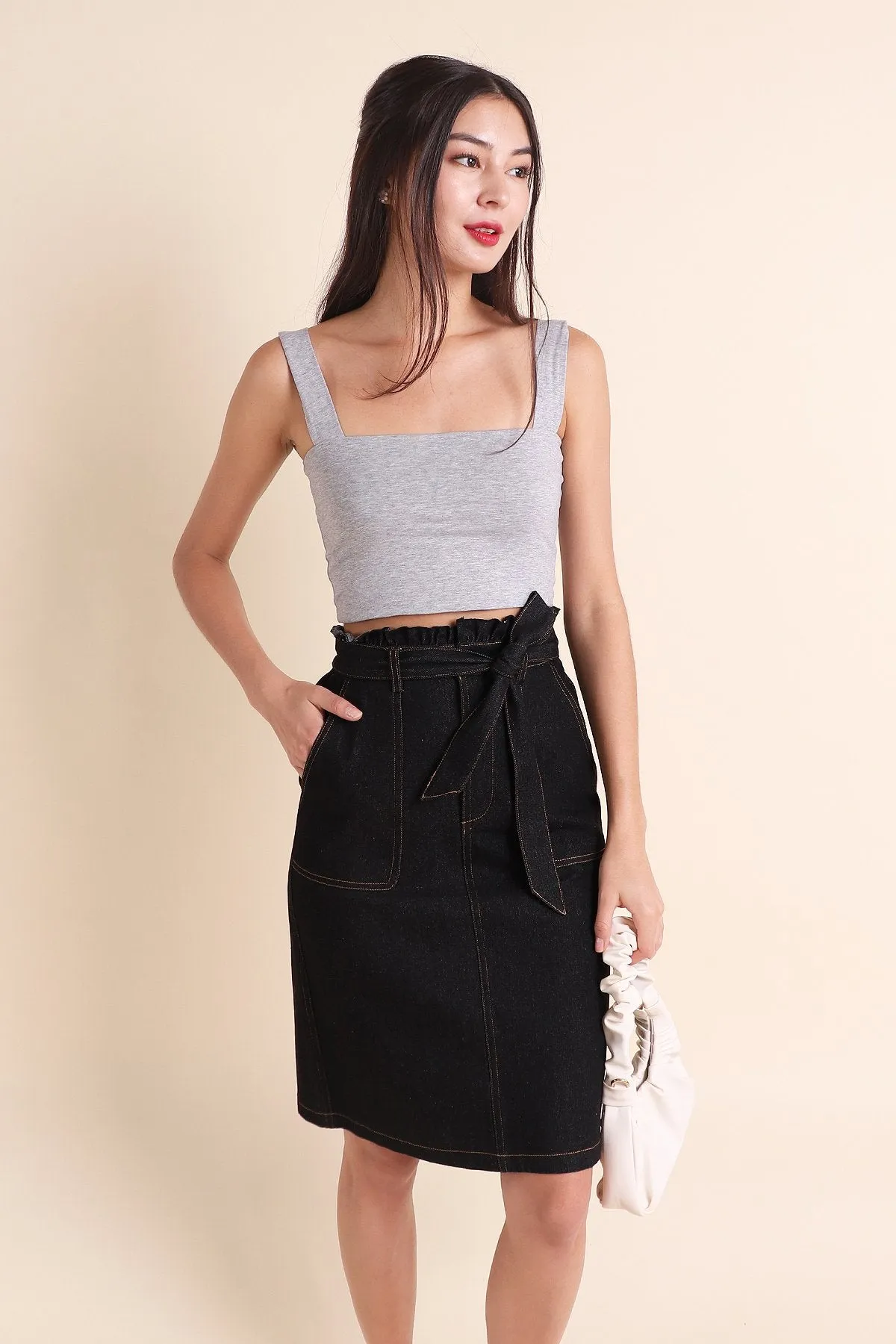 MADEBYNM ALESSIA PAPERBAG DENIM SKIRT IN BLACK [XXS/XS/S/S/M/L/XL]