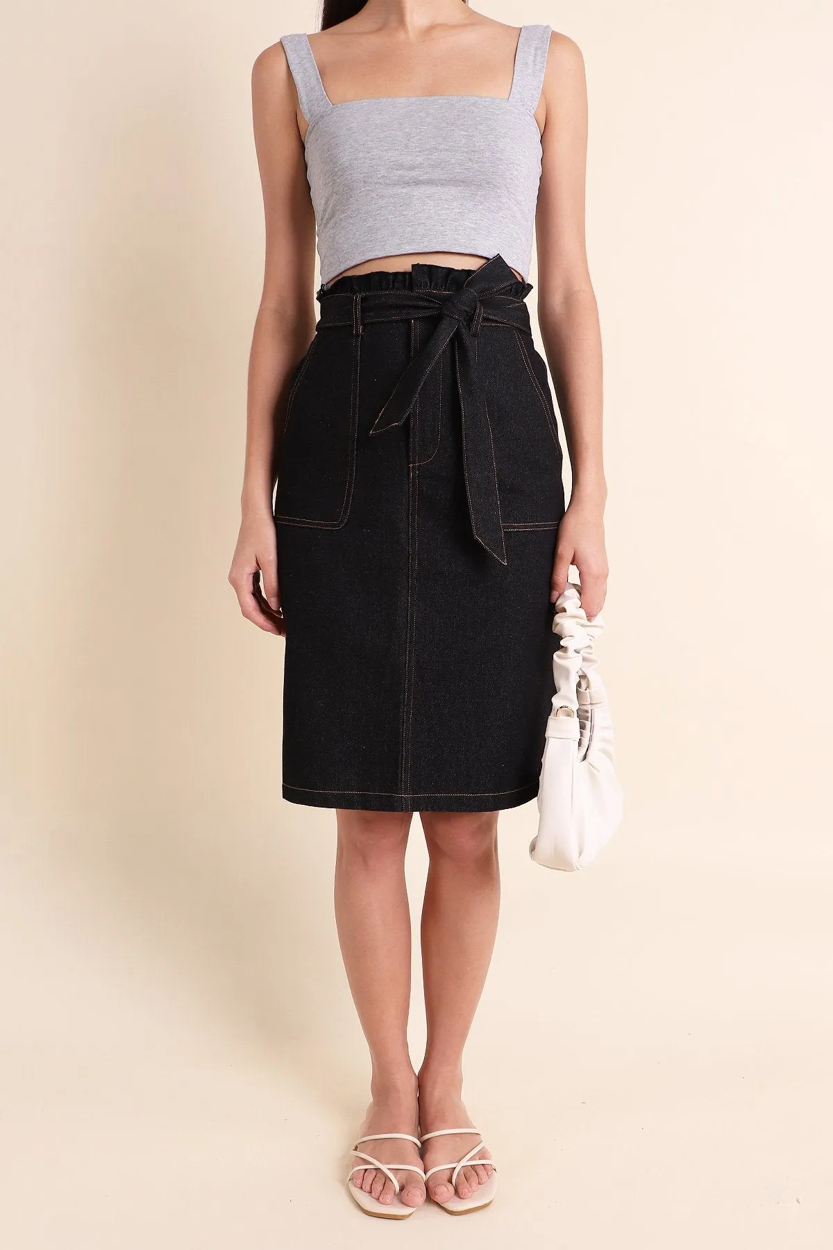 MADEBYNM ALESSIA PAPERBAG DENIM SKIRT IN BLACK [XXS/XS/S/S/M/L/XL]