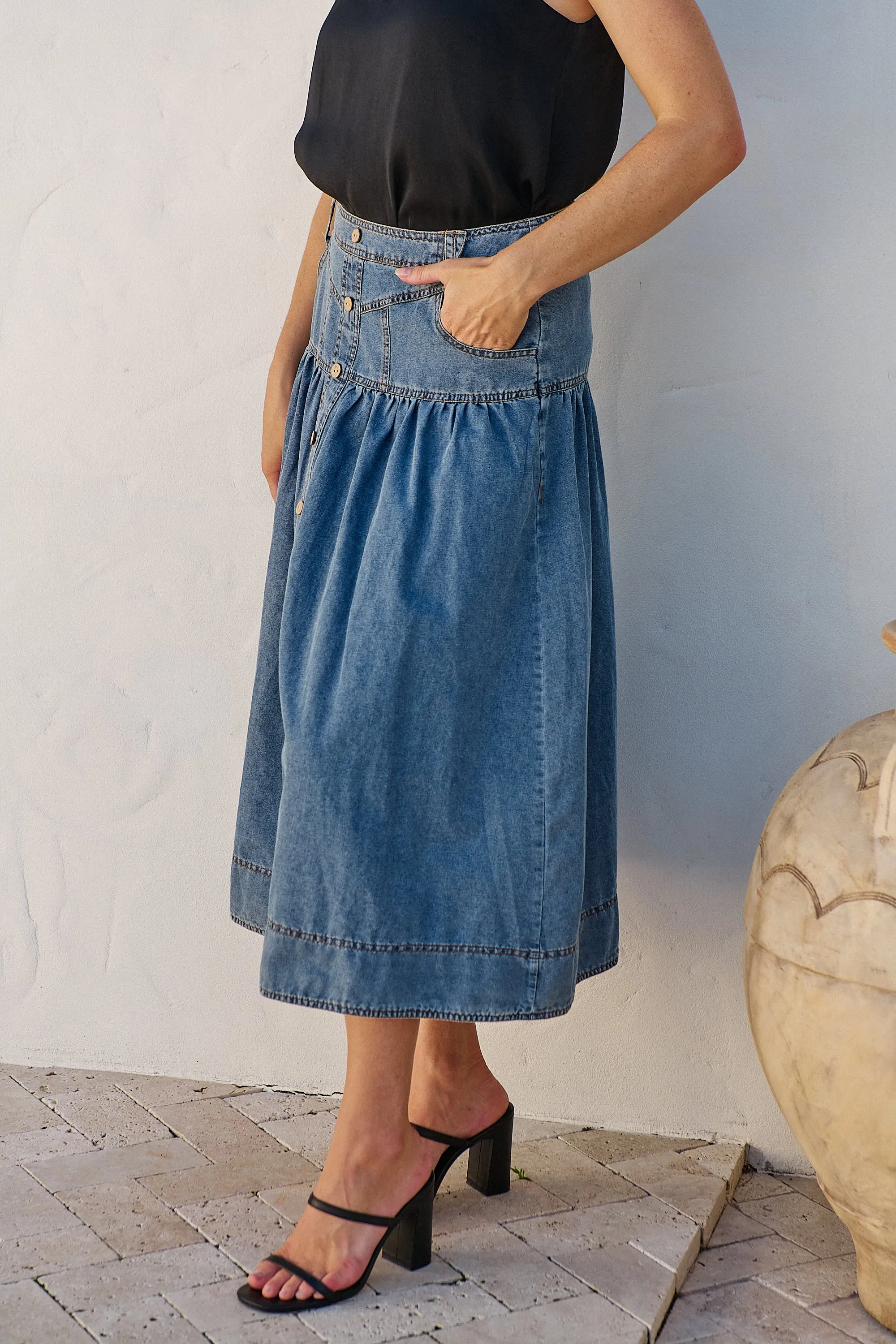 Mirabelle Button Cotton Denim Wash Skirt