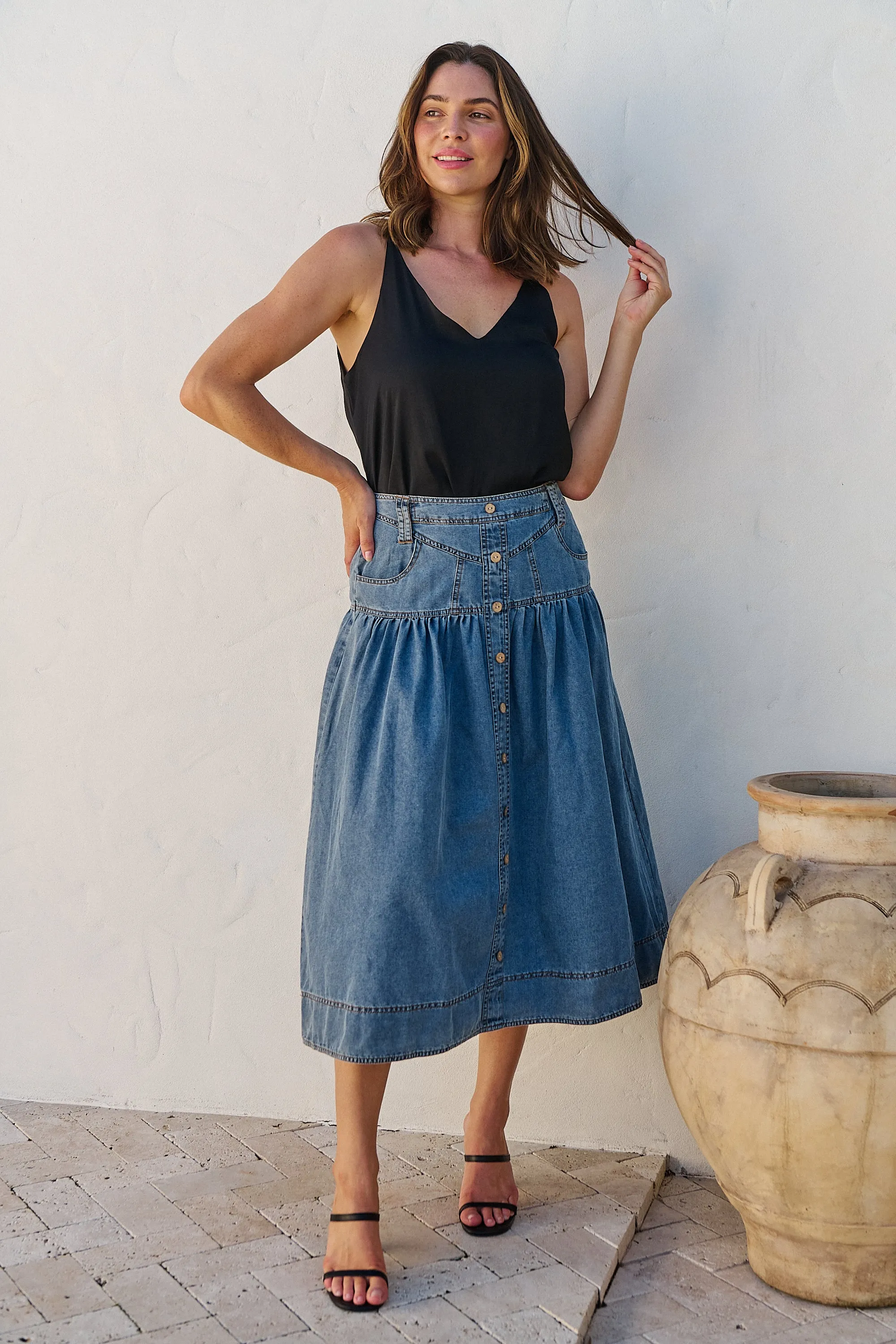 Mirabelle Button Cotton Denim Wash Skirt