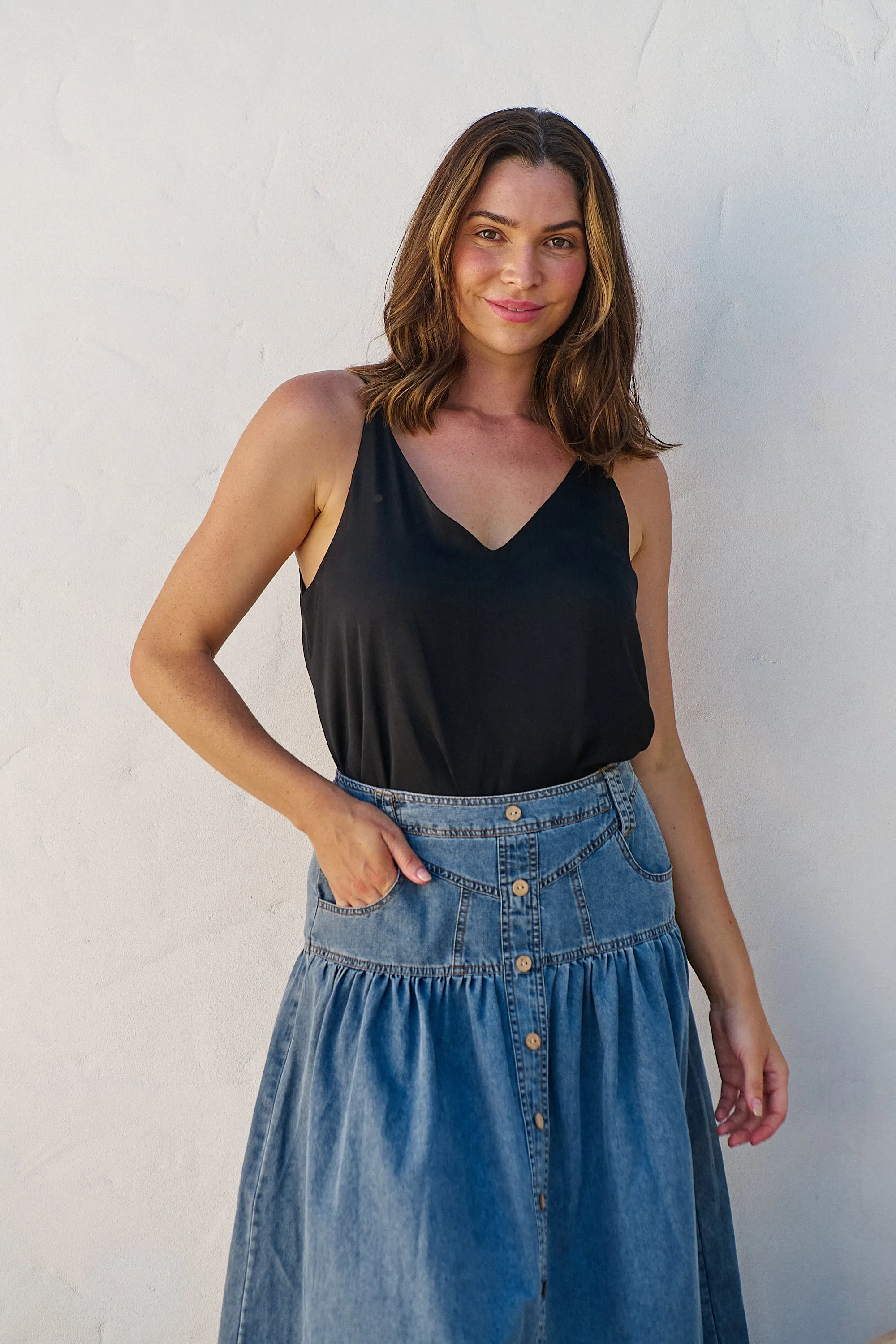 Mirabelle Button Cotton Denim Wash Skirt