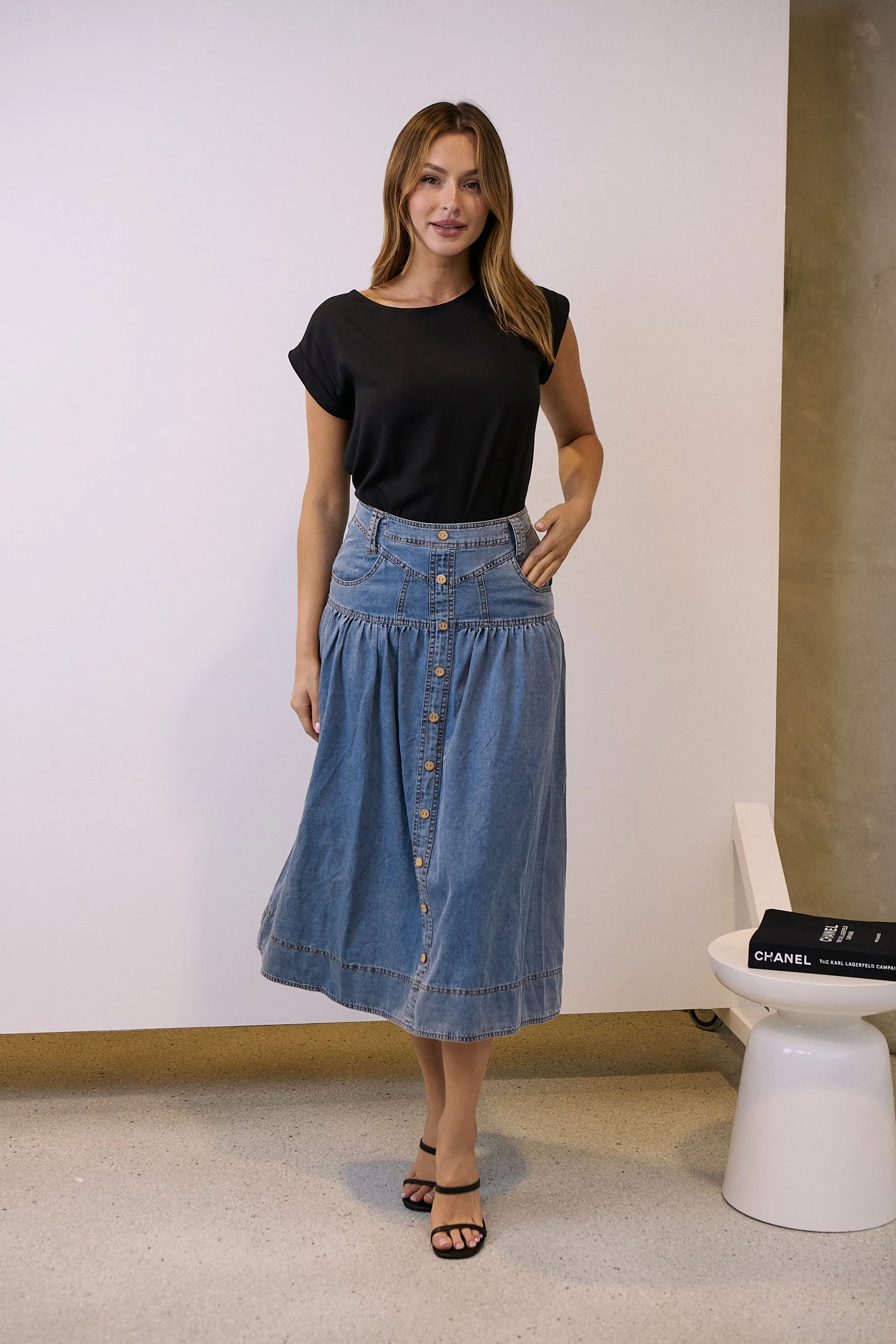 Mirabelle Button Cotton Denim Wash Skirt