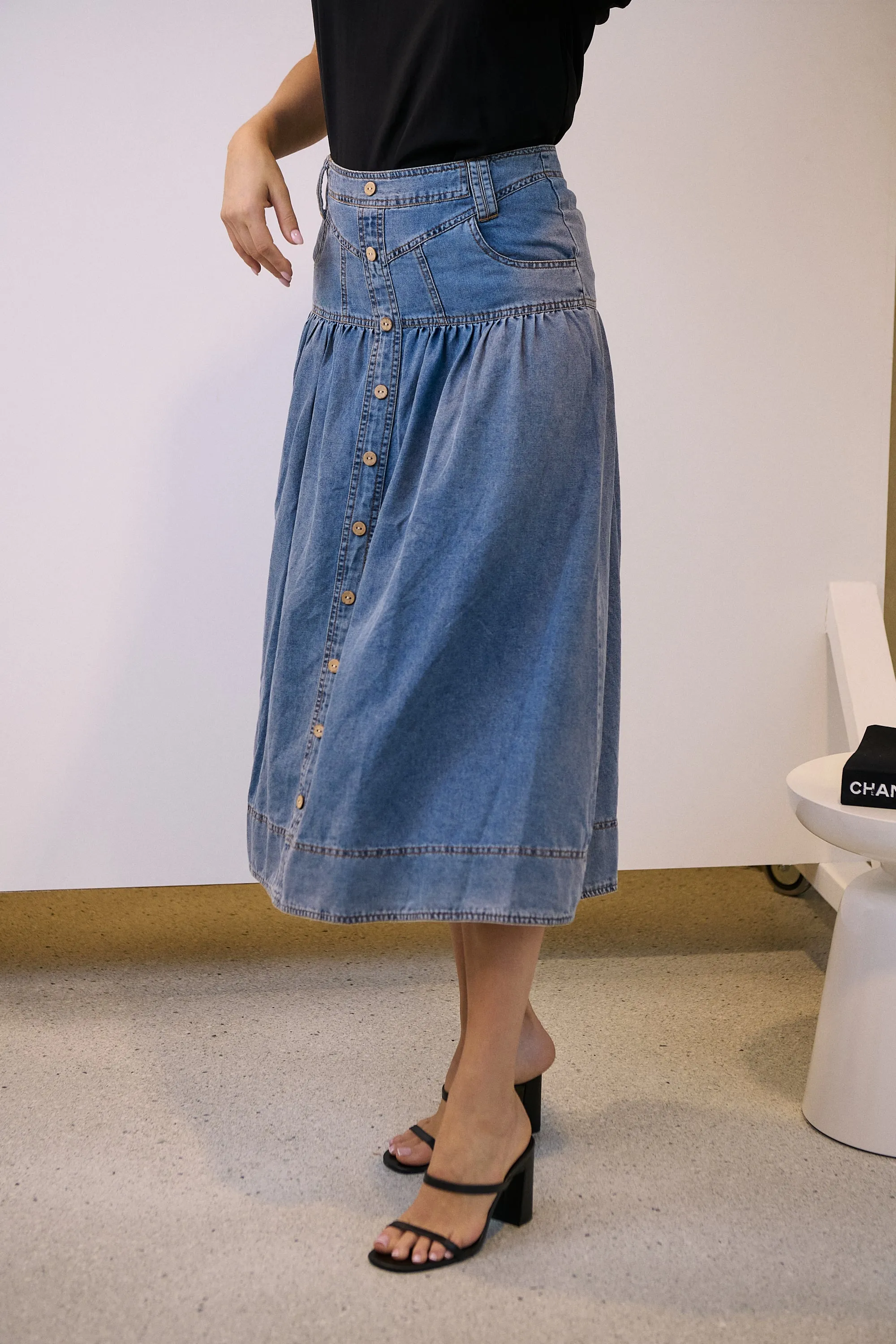 Mirabelle Button Cotton Denim Wash Skirt