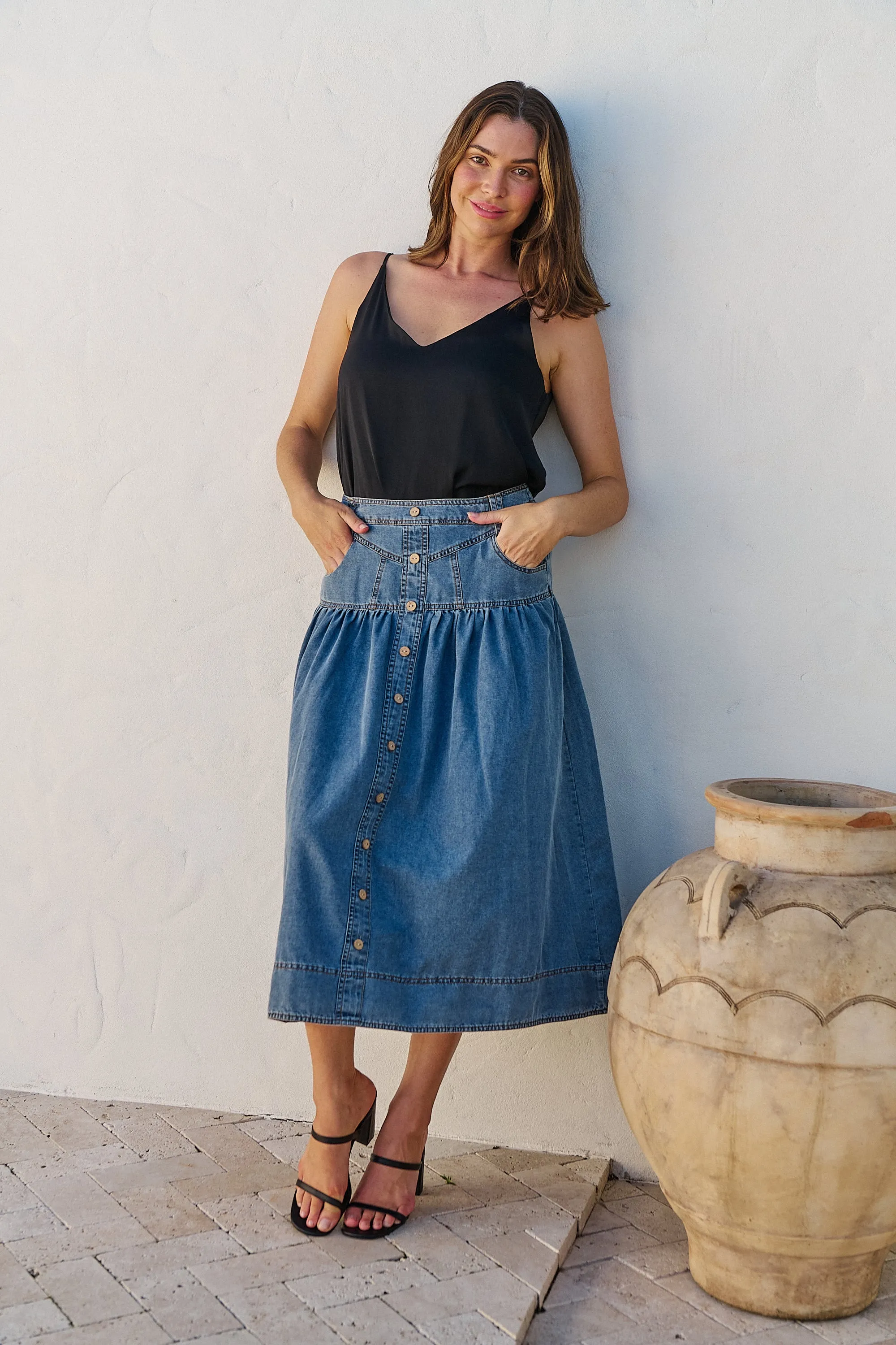 Mirabelle Button Cotton Denim Wash Skirt