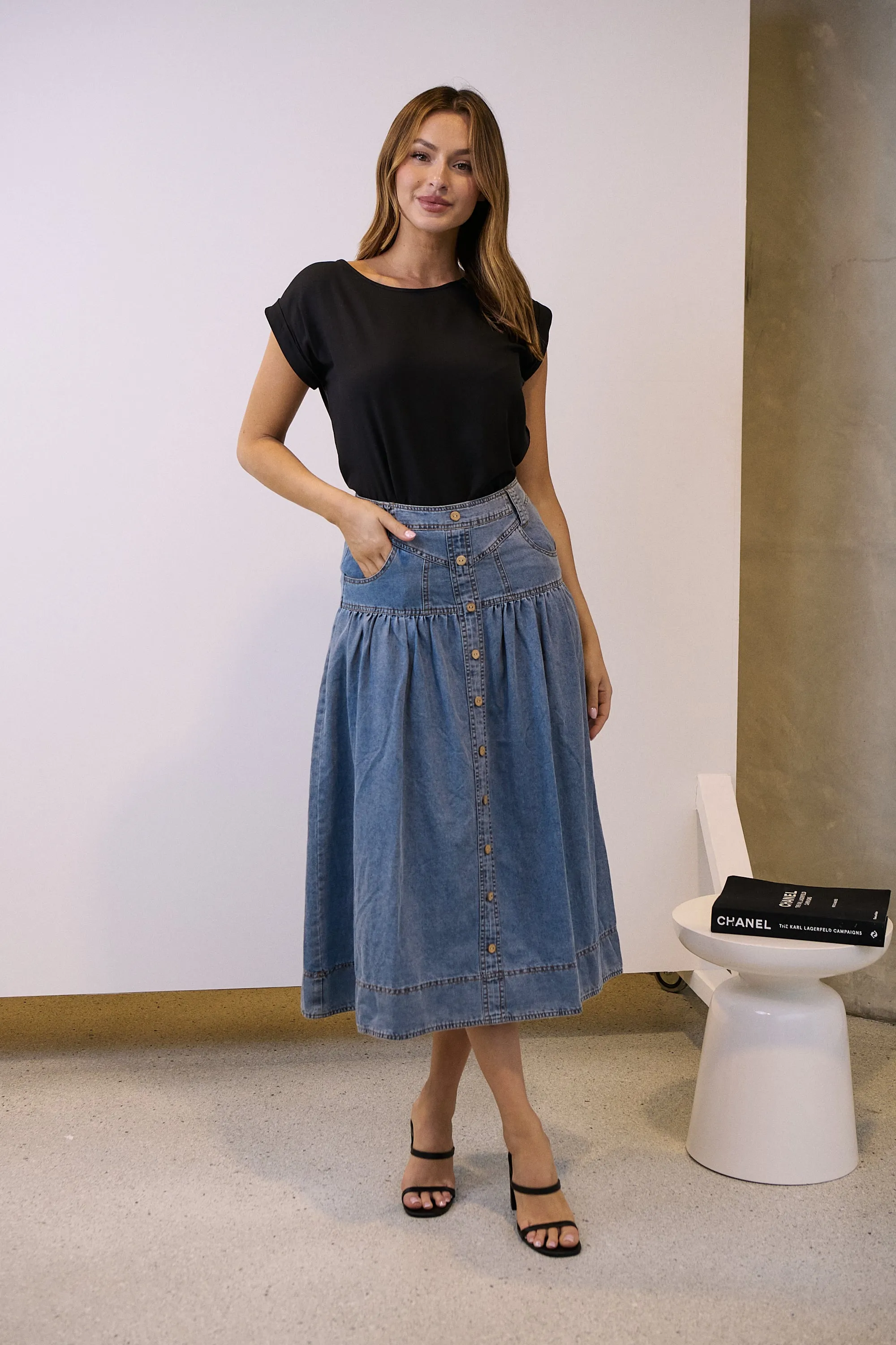 Mirabelle Button Cotton Denim Wash Skirt