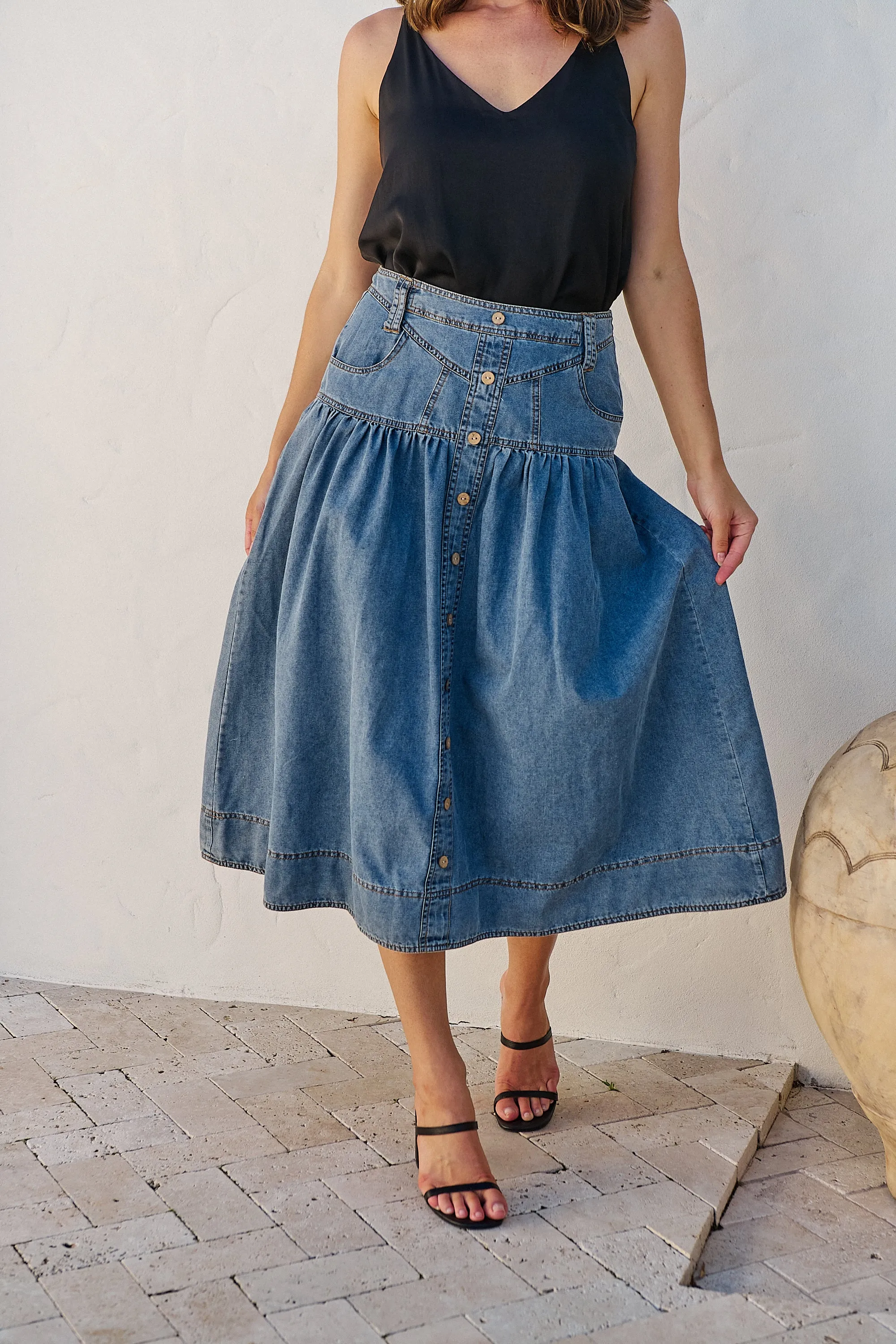 Mirabelle Button Cotton Denim Wash Skirt