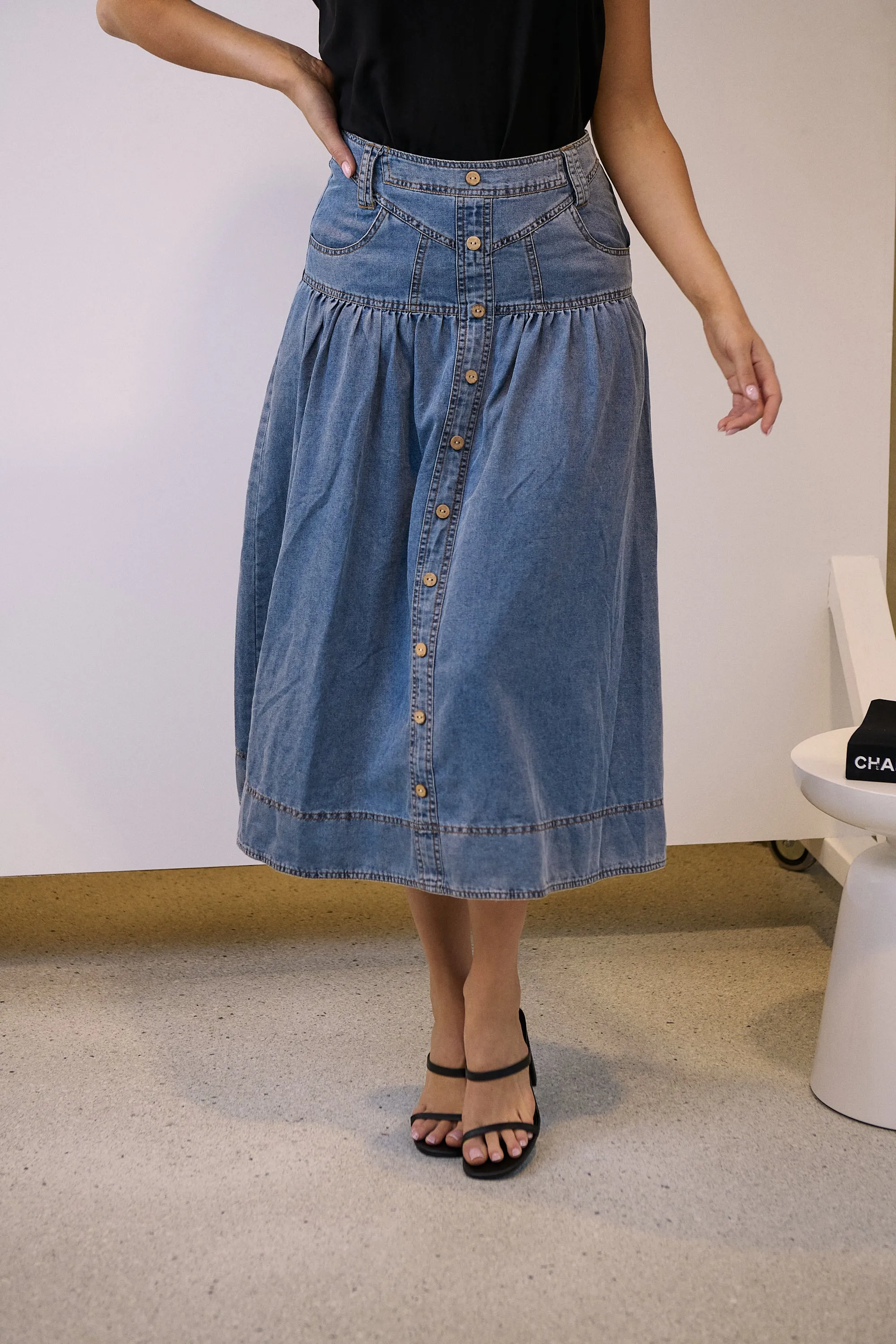 Mirabelle Button Cotton Denim Wash Skirt