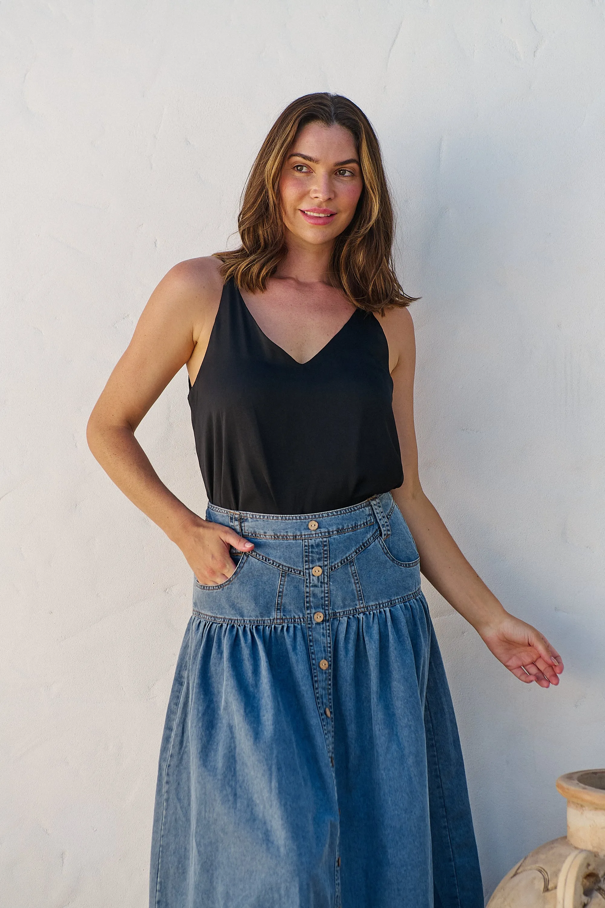 Mirabelle Button Cotton Denim Wash Skirt