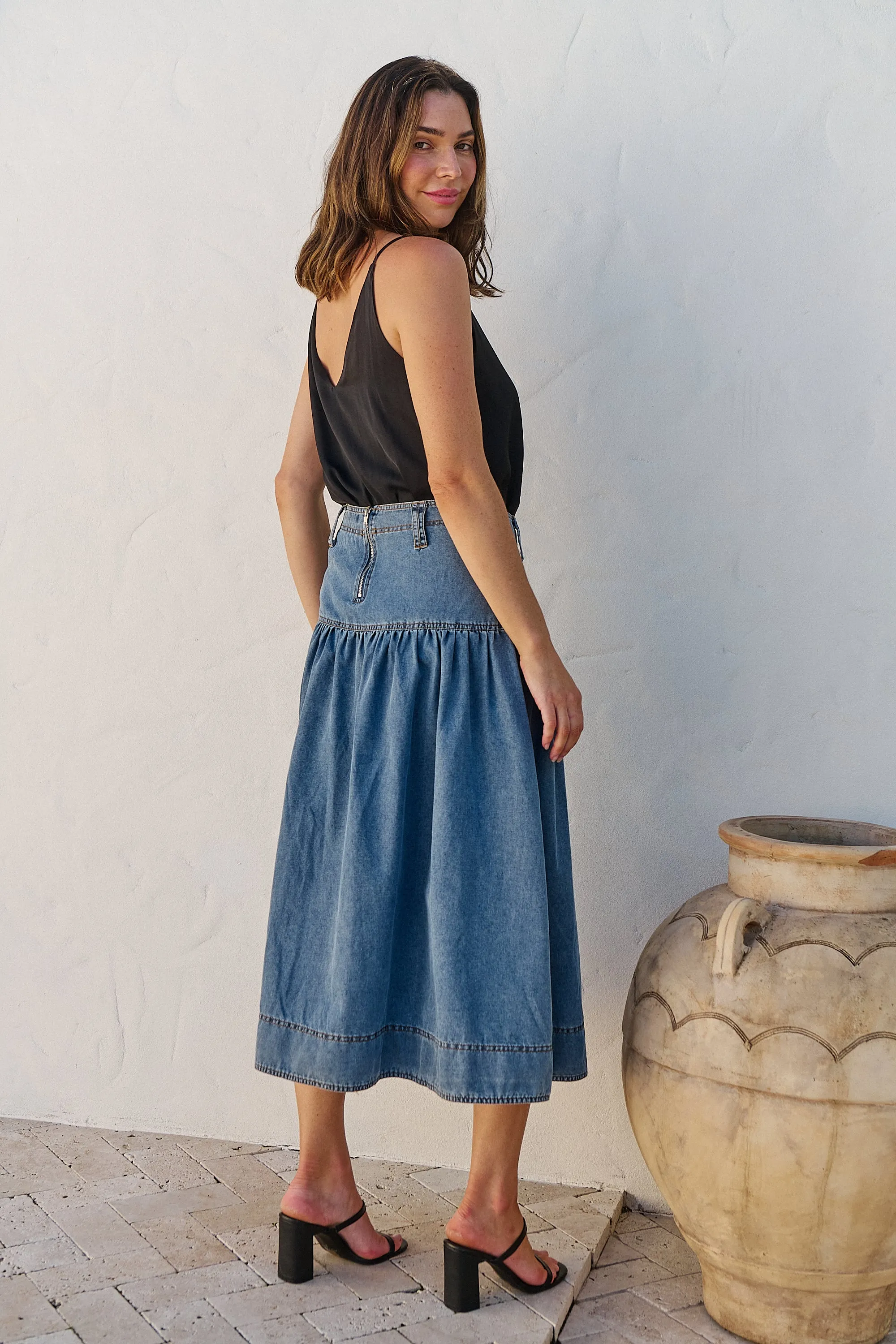 Mirabelle Button Cotton Denim Wash Skirt